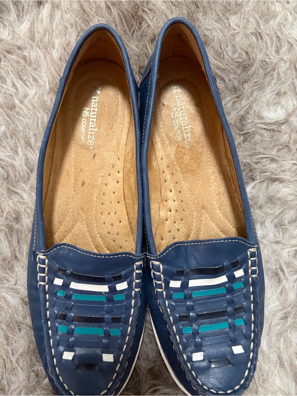 Naturalizer Navy Woven Leather Slip-On Loafers with Teal & White Accents